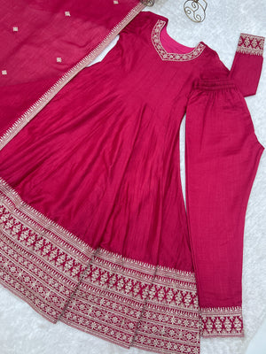 Vichitra Silk Embroidered Anarkali Set – Rani Pink