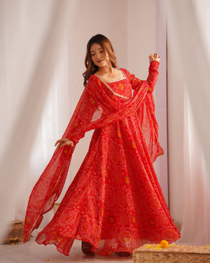 Soft Lightweight Chiffon Bandhej Fabric Inner Micro Cotton Embroidered Anarkali Set – Orange