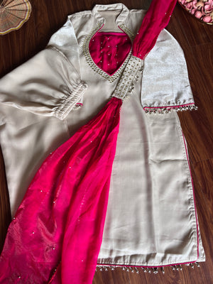 Roman Glass Silk Embroidered Kurti + Blouse + Palazzo Set – Ivory & Rani Pink