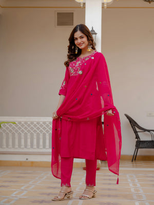 Pure Viscose Mango Silk Embroidered Straight Kurti Set – Pink