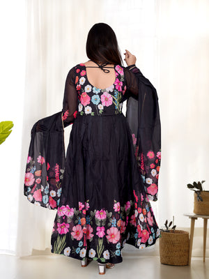 Organza Silk Printed Anarkali Set – Black
