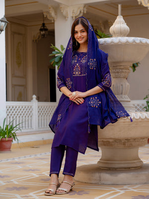 Pure Viscose Mango Silk Embroidered Straight Kurti Set – Violet