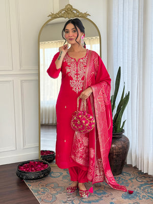 Roman Silk Embroidered Kurta Pant Dupatta Set – Rani Pink
