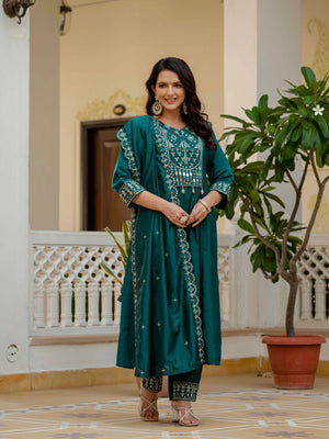 Viscose Roman Silk Embroidered Anarkali Kurti Set – Teal