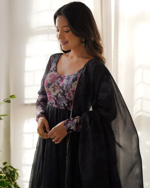 Organza Silk Printed Anarkali Set – Black