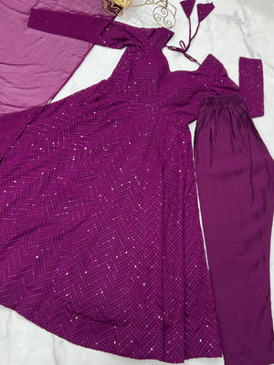 Georgette Embroidered Anarkali Set – Wine