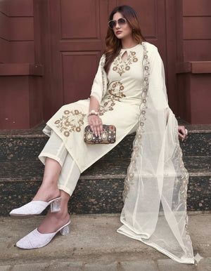 Rayon Slub Embroidered Kurta Pant Dupatta Set – Ivory