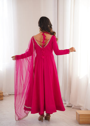 Roman Chanderi Silk Embroidered Anarkali Set – Dark Pink