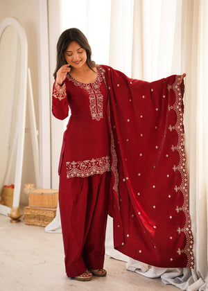 Glass Roman Silk Embroidered Kurta-Farshi Set – Maroon