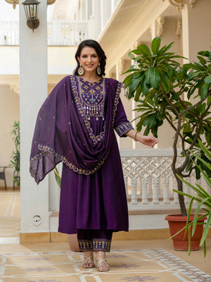 Viscose Roman Silk Embroidered Anarkali Kurti Set – Purple