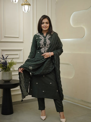 Rayon Slub Embroidered Kurta Pant Dupatta Set – Dark Green