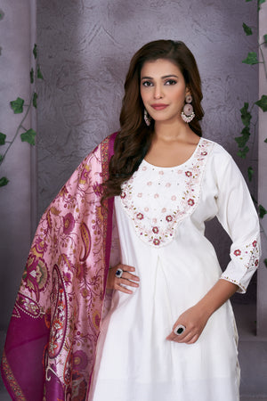 Premium Marina Silk Embroidered Straight Kurti Set – White