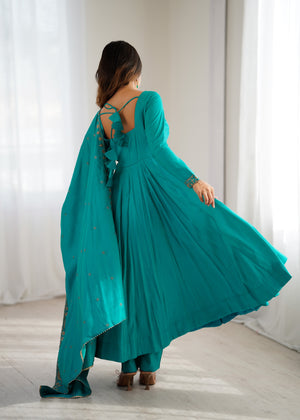 Roman Chanderi Silk Embroidered Anarkali Set – Teal Blue