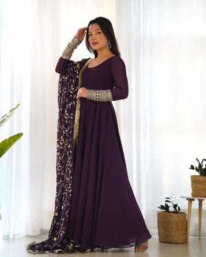 Georgette Embroidered Gown Set – Wine
