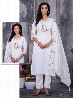 Roman Silk Embroidered Straight Kurti Set – White