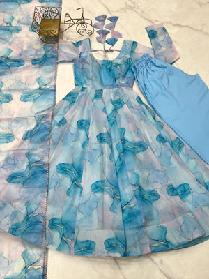 Organza Silk Printed Anarkali Set – Sky Blue