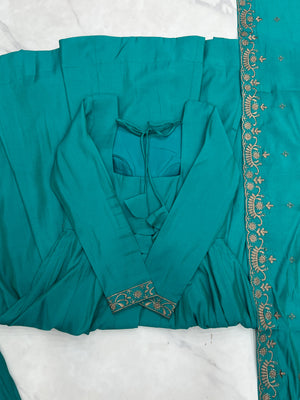 Roman Chanderi Silk Embroidered Anarkali Set – Teal Blue