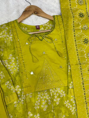 Pure Cotton Embroidered Straight Kurti Set – Yellow Green