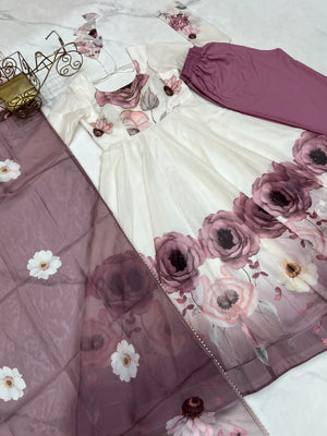 Organza Silk Printed Anarkali Set – Lilac Floral