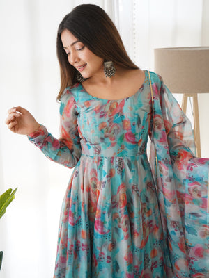 Organza Silk Printed Anarkali Set – Sky Floral