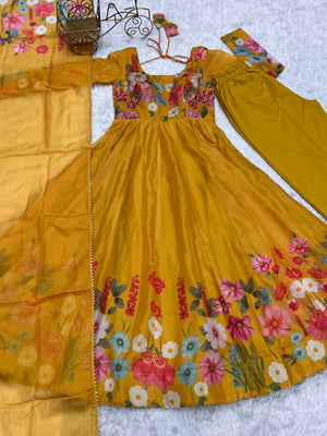 Organza Silk Printed Anarkali Set – Yellow