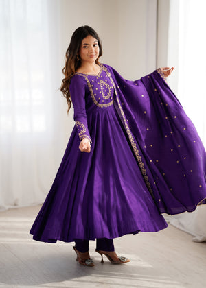 Roman Chanderi Silk Embroidered Anarkali Set – Purple