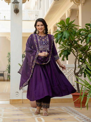 Viscose Roman Silk Embroidered Anarkali Kurti Set – Purple