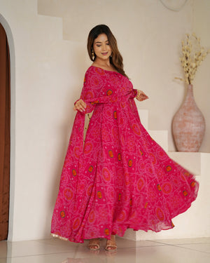 Soft Lightweight Chiffon Bandhej Fabric Inner Micro Cotton Embroidered Anarkali Set – Pink