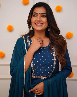 Rayon Slub Embroidered Kurta Pant Dupatta Set – Blue
