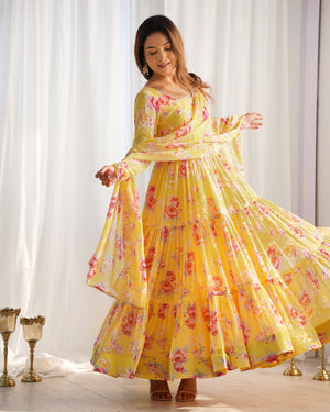 Georgette Printed Anarkali Set – Yellow