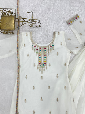 Crunchy Silk Embroidered Kurta-Sharara Set – White