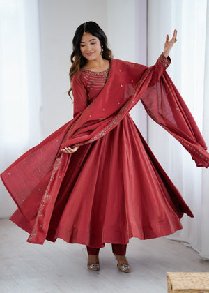 Roman Shimmer Silk Embroidered Anarkali Set – Maroon