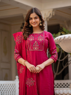 Pure Viscose Mango Silk Embroidered Straight Kurti Set – Pink