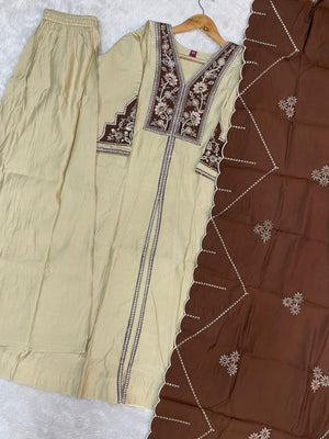 Roman Silk Embroidered Anarkali Kurti Set – Cream