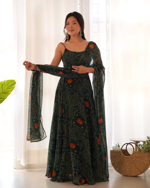 Soft Lightweight Chiffon Bandhej Embroidered Gown Set – Bottle Green