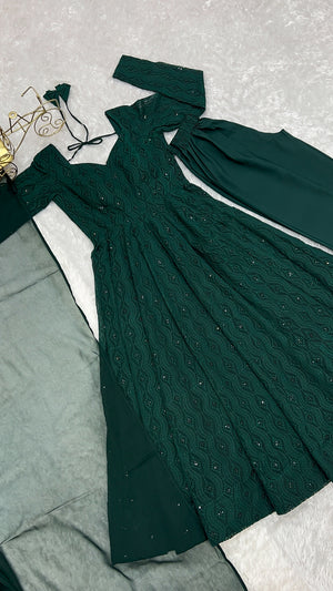 Georgette Embroidered Anarkali Set – Bottle Green
