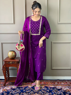 Rayon Slub Embroidered Kurta Pant Dupatta Set – Violet
