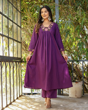 Soft Rayon Slub Embroidered Kurta Pant Dupatta Set – Purple