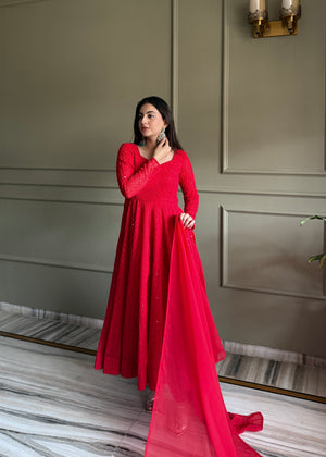 Georgette Embroidered Anarkali Set – Red