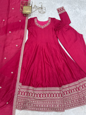 Vichitra Silk Embroidered Anarkali Set – Rani Pink