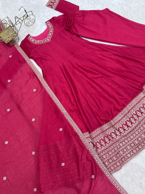 Vichitra Silk Embroidered Anarkali Set – Rani Pink