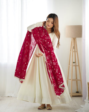 Vichitra Silk Designer Anarkali Set – Ivory & Rani Pink