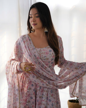 Heavy Orange Chiffon Floral Print Printed Anarkali Set – White Pink