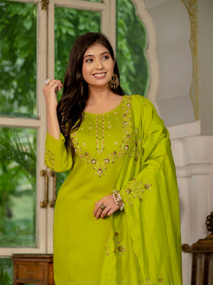 Marina Silk Embroidered Straight Kurti Set – Parrot Green