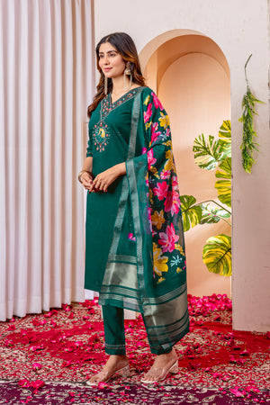 Marina Viscose Silk Embroidered Straight Kurti Set – Green