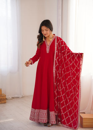 Vichitra Silk Embroidered Gown Set – Red