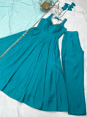 Roman Chanderi Silk Embroidered Anarkali Set – Blue