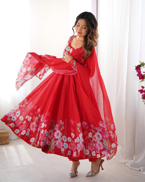 Organza Silk Printed Anarkali Set – Red