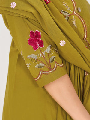 Pure Cotton Embroidered Anarkali Kurti Set – Mahendi