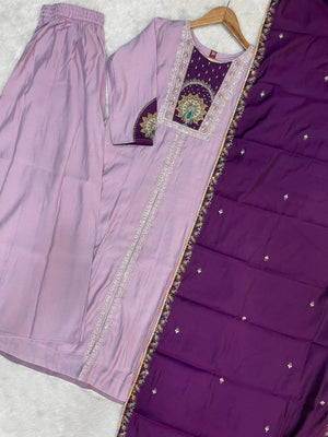 Roman Silk Embroidered Anarkali Kurti Set – Light Lovender